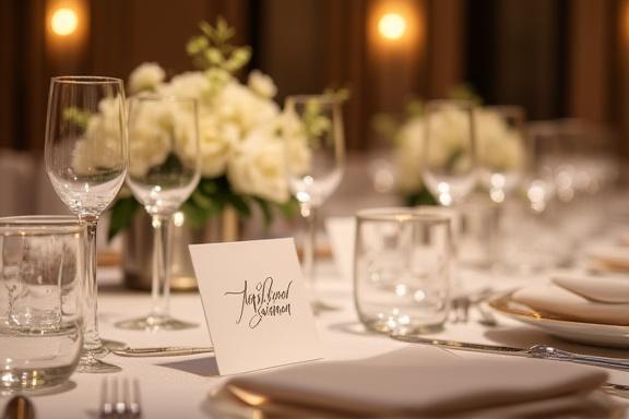 Un elegante tavolo allestito per un evento aziendale, con segnaposto calligrafici.