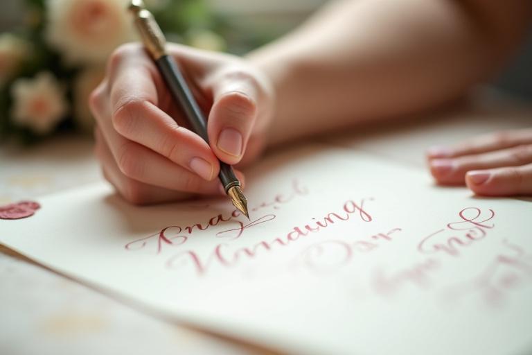 Una mano con una penna stilografica scrive elegantemente su una partecipazione di nozze.