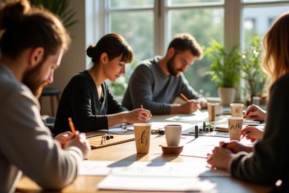 Partecipanti a un workshop di calligrafia sorseggiano caffè in un ambiente luminoso.